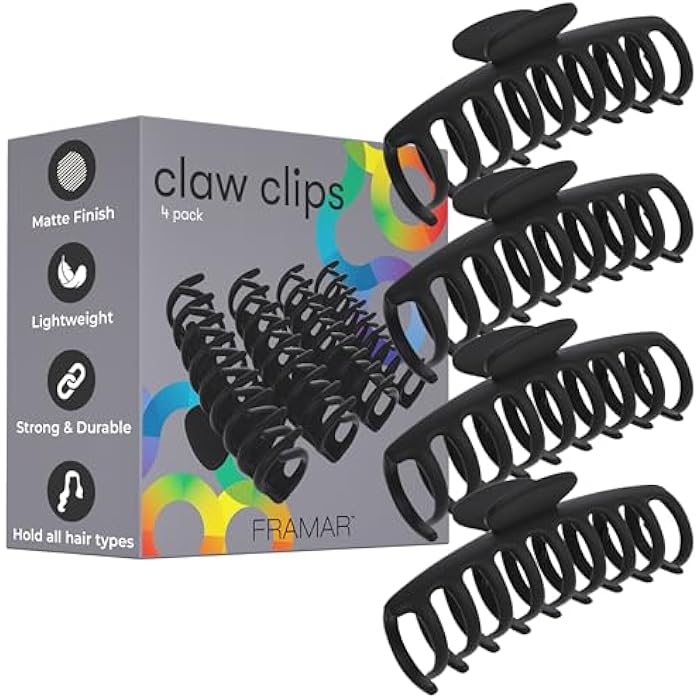 FRAMAR Large Claw Clips For Thick Hair Hair Claws For Thick Hair, Large Hair Clips For Thick Hair, Claw Clips For Long Hair, Claw Clip Pack, Large Claw Clip, Claw Clip Set, Clawclips (Black 4 Pack) - Image 1